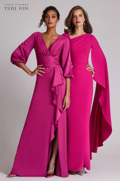 Satin Full Sleeve Side Drape Gown - Magenta