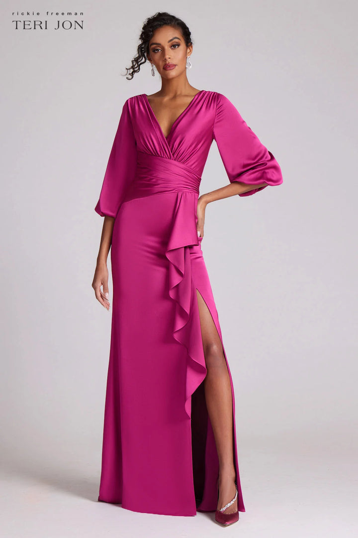 Satin Full Sleeve Side Drape Gown - Magenta