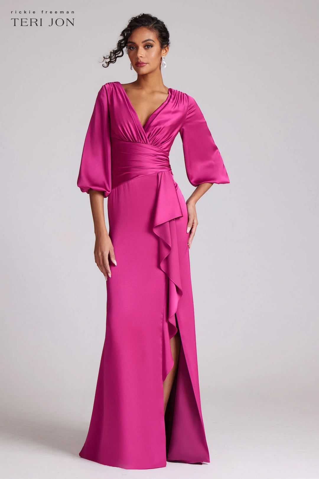 teri jon pink dress Jacquard Side Ruffle One Shoulder Gown