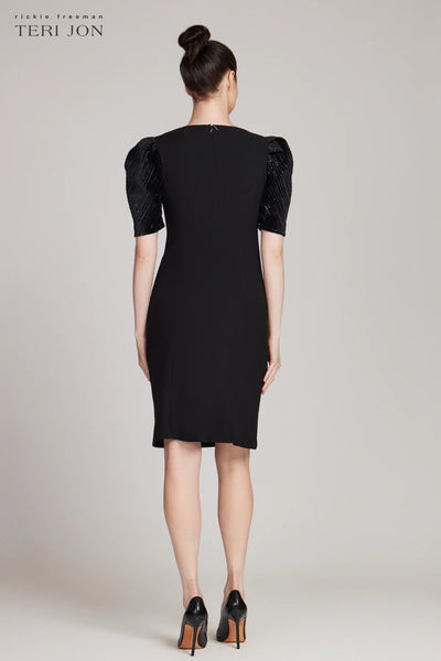 Velvet Puff Sleeve Crepe Sheath Dress - Black