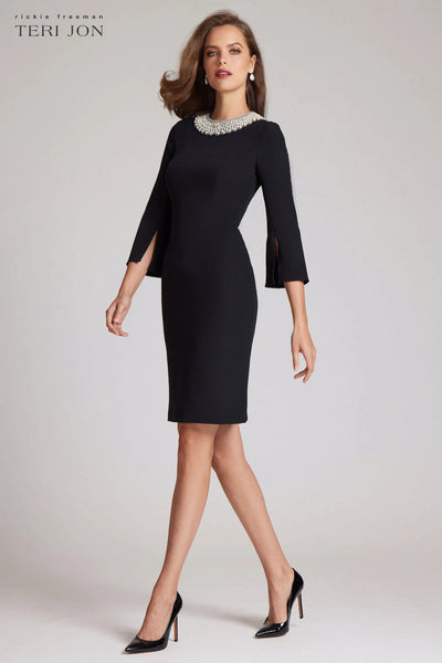 Crepe Sheath Dress With Pearl Neckline - Black