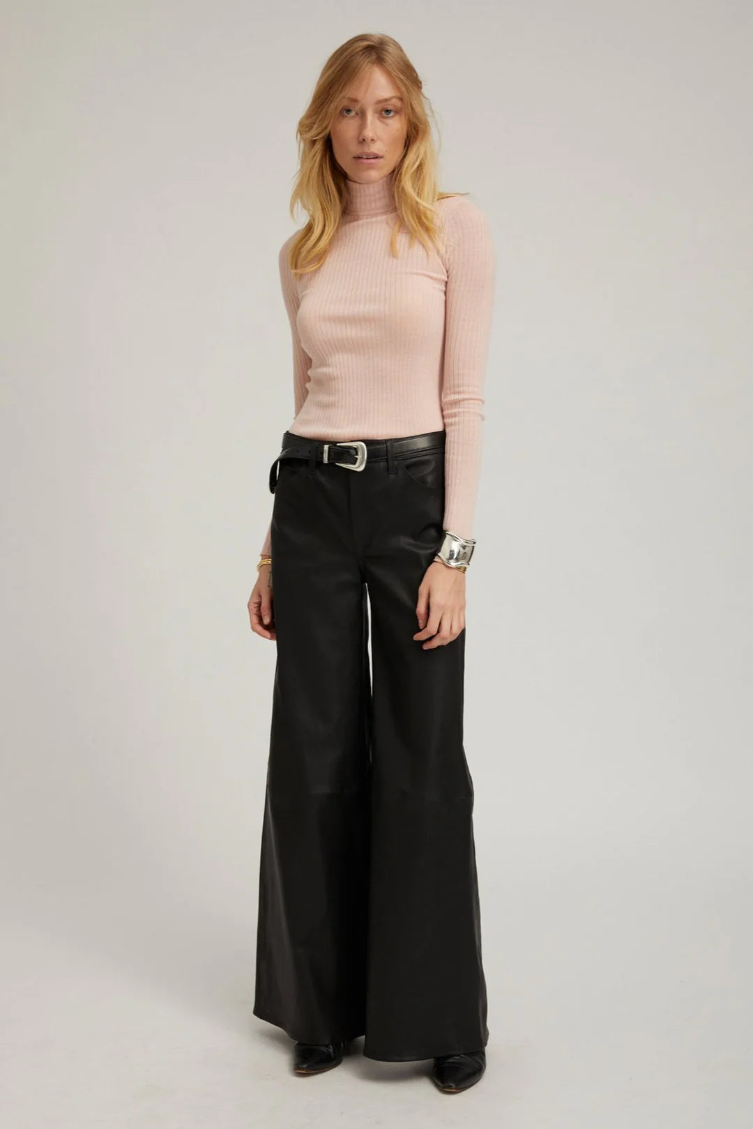 Leather 5 Pocket Mid Rise Wide Leg Pants - Black