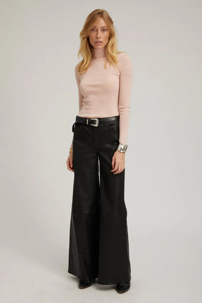 Leather 5 Pocket Mid Rise Wide Leg Pants - Black