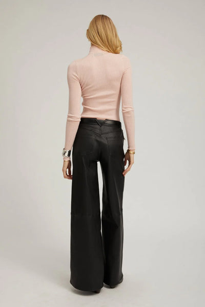 Leather 5 Pocket Mid Rise Wide Leg Pants - Black