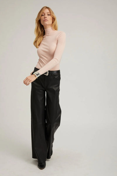 Leather 5 Pocket Mid Rise Wide Leg Pants - Black