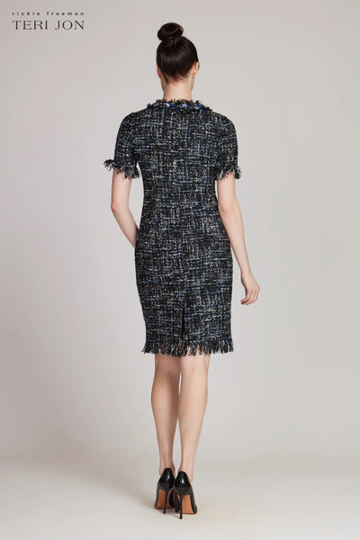 Tweed Sheath Dress With Bead Trim - Black Multi