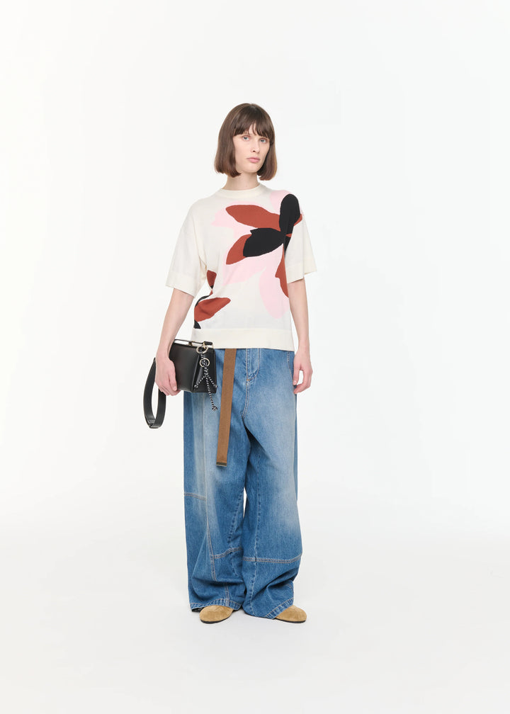 Floral Intarsia Short Sleeve Knit - White Multi