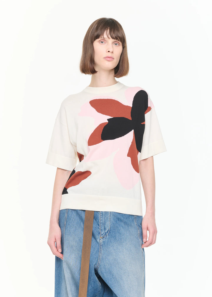Floral Intarsia Short Sleeve Knit - White Multi