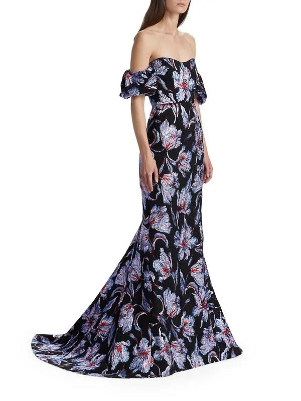 astaire off-the-shoulder brocade gown - Red Multi