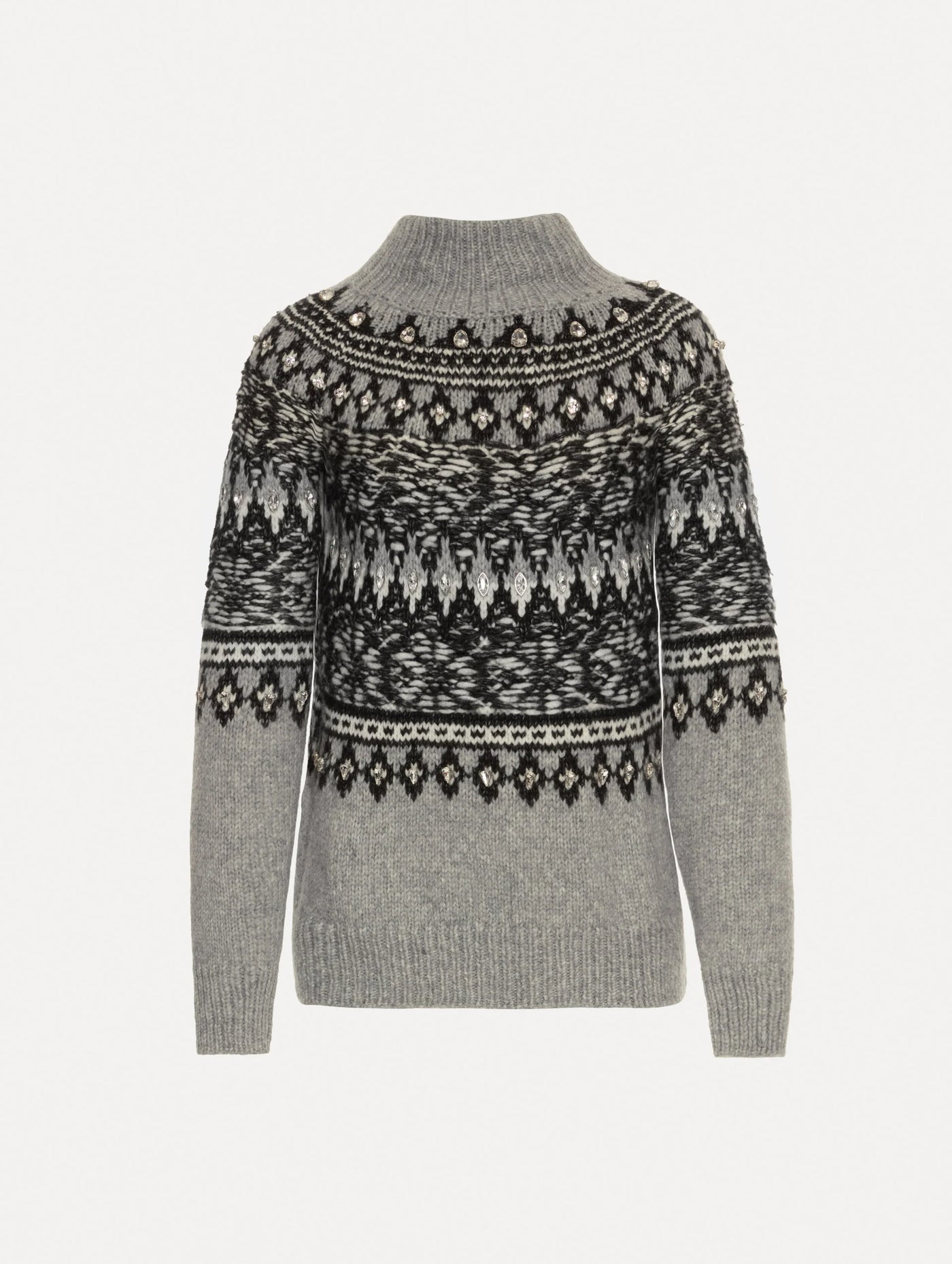Crystal-Detailed Turtleneck Pullover - Black/Ivory/Grey