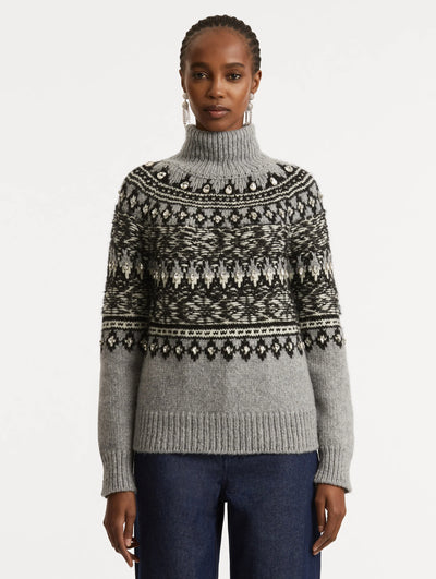Crystal-Detailed Turtleneck Pullover - Black/Ivory/Grey