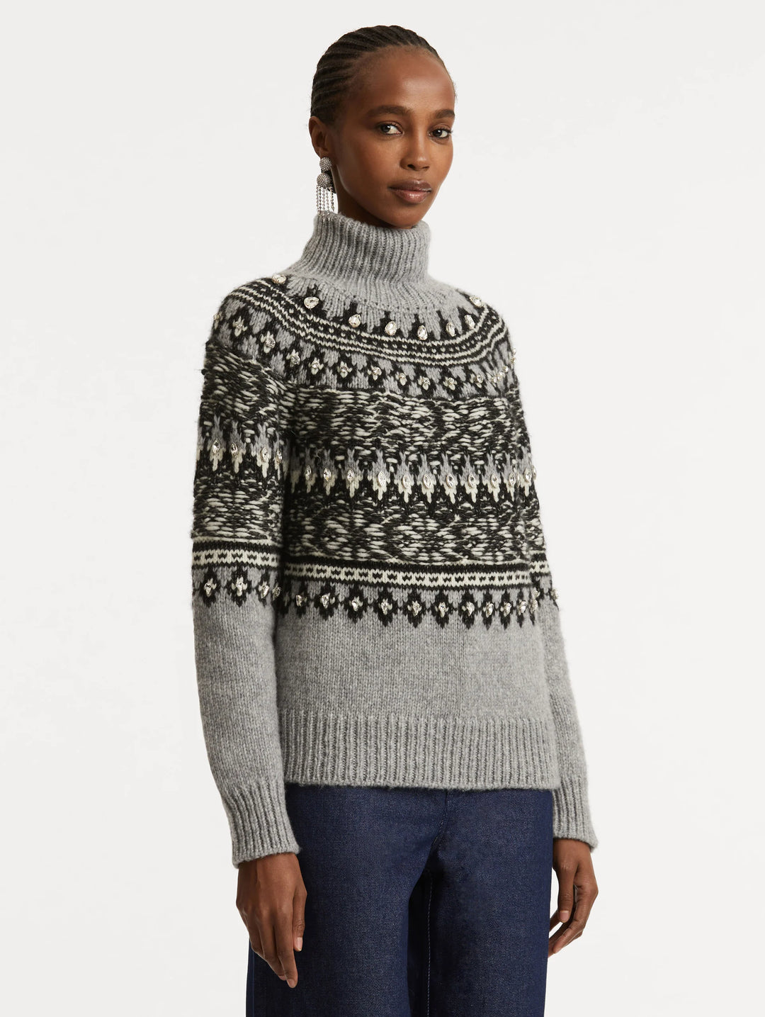 Crystal-Detailed Turtleneck Pullover - Black/Ivory/Grey