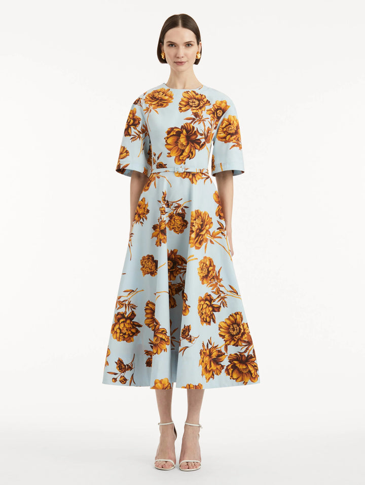 Peony Cotton Poplin Dress - Brown Ice Blue