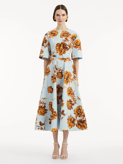 Peony Cotton Poplin Dress - Brown Ice Blue