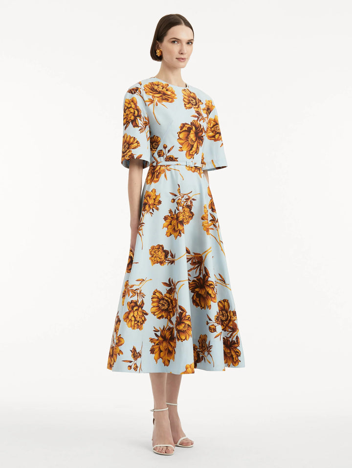 Peony Cotton Poplin Dress - Brown Ice Blue