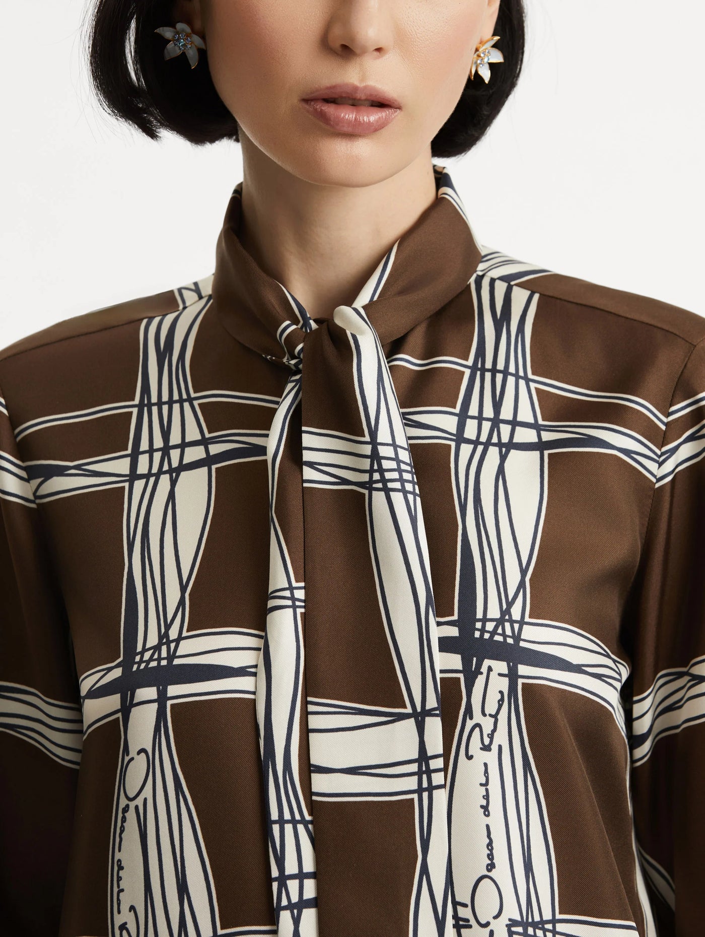 Wavy Plaid Silk Twill Blouse - Cedar/Navy