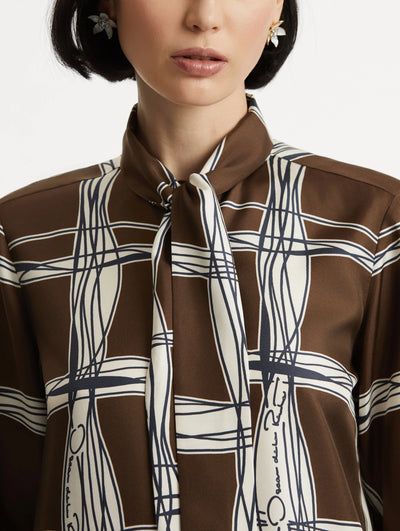 Wavy Plaid Silk Twill Blouse - Cedar/Navy