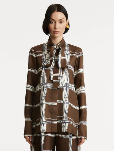 Wavy Plaid Silk Twill Blouse - Cedar/Navy