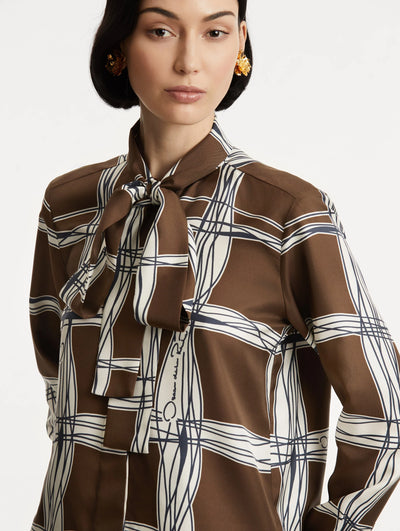 Wavy Plaid Silk Twill Blouse - Cedar/Navy
