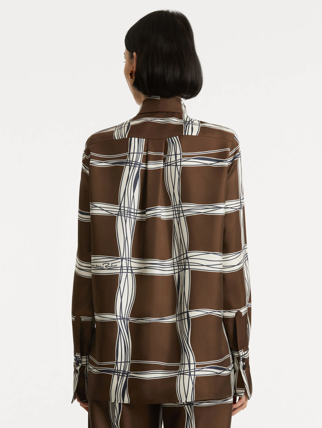 Wavy Plaid Silk Twill Blouse - Cedar/Navy