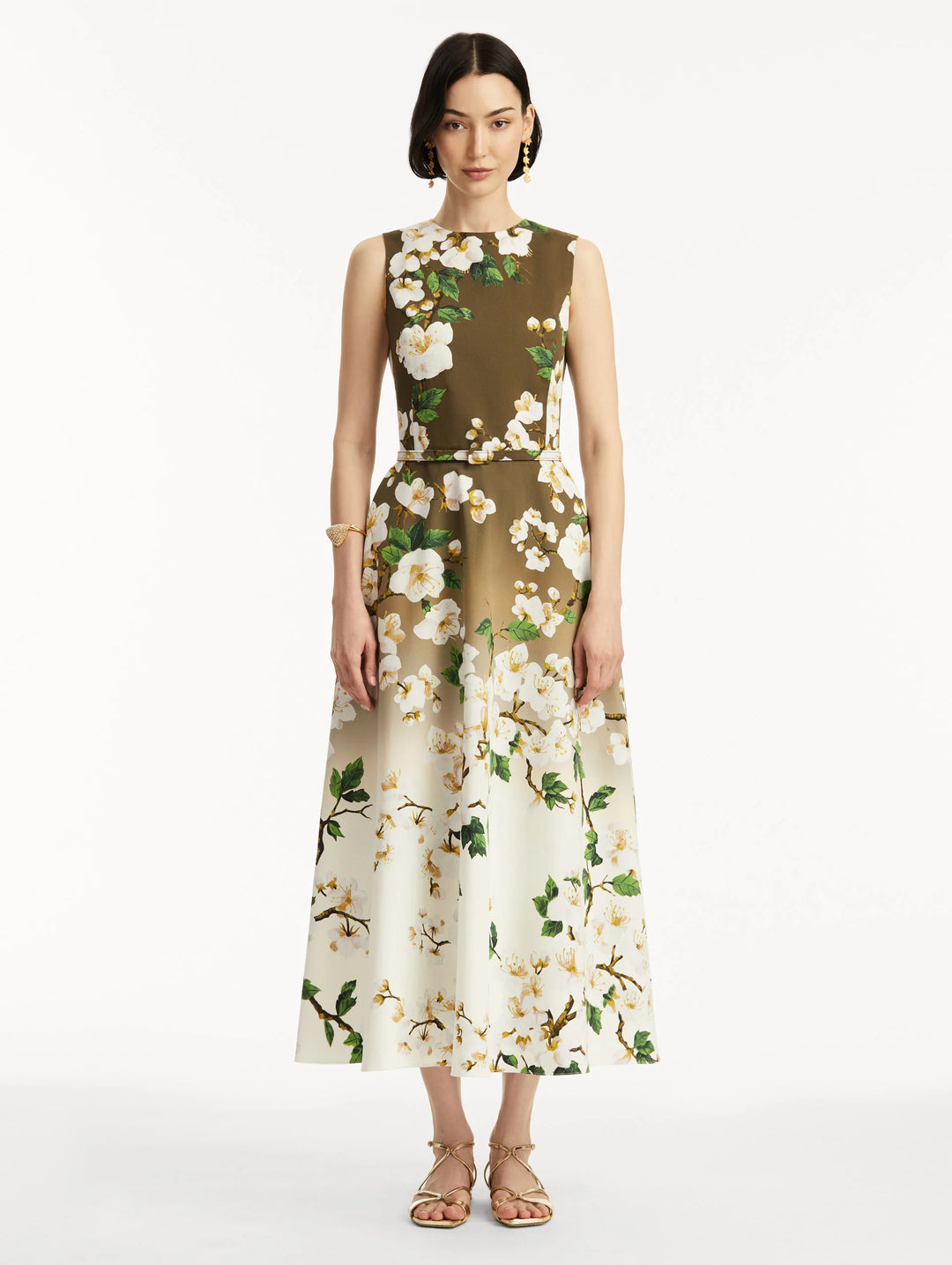 Ombré Cherry Blossom Dress - White/Khaki Ombre