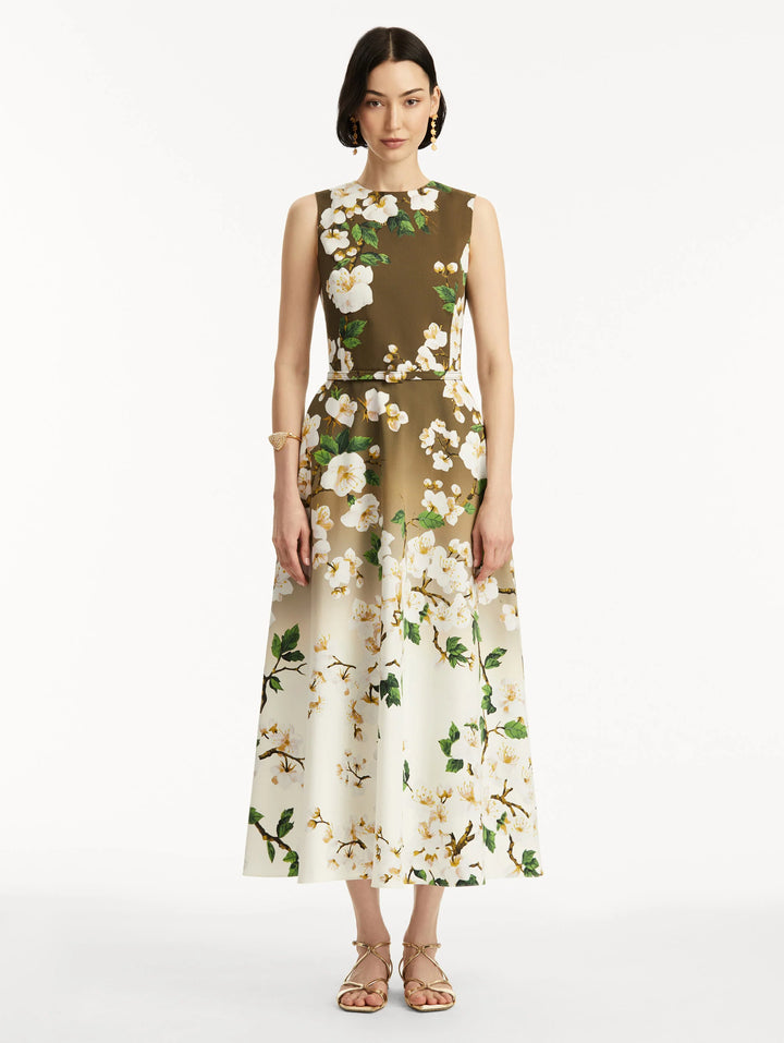 Ombré Cherry Blossom Dress - White/Khaki Ombre