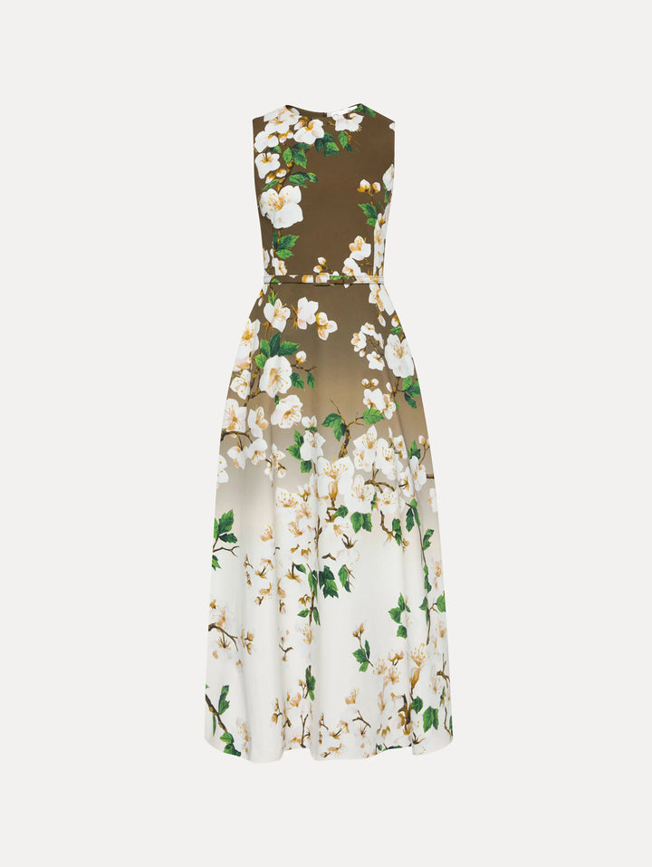Ombré Cherry Blossom Dress - White/Khaki Ombre
