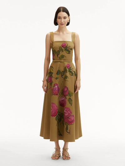 Painted Roses Cotton Twill Dress - Pink/Khaki