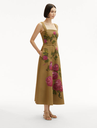 Painted Roses Cotton Twill Dress - Pink/Khaki
