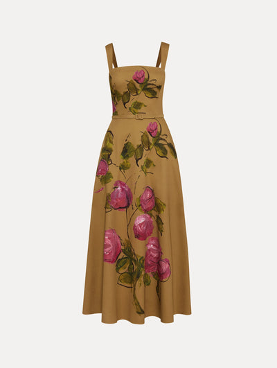 Painted Roses Cotton Twill Dress - Pink/Khaki