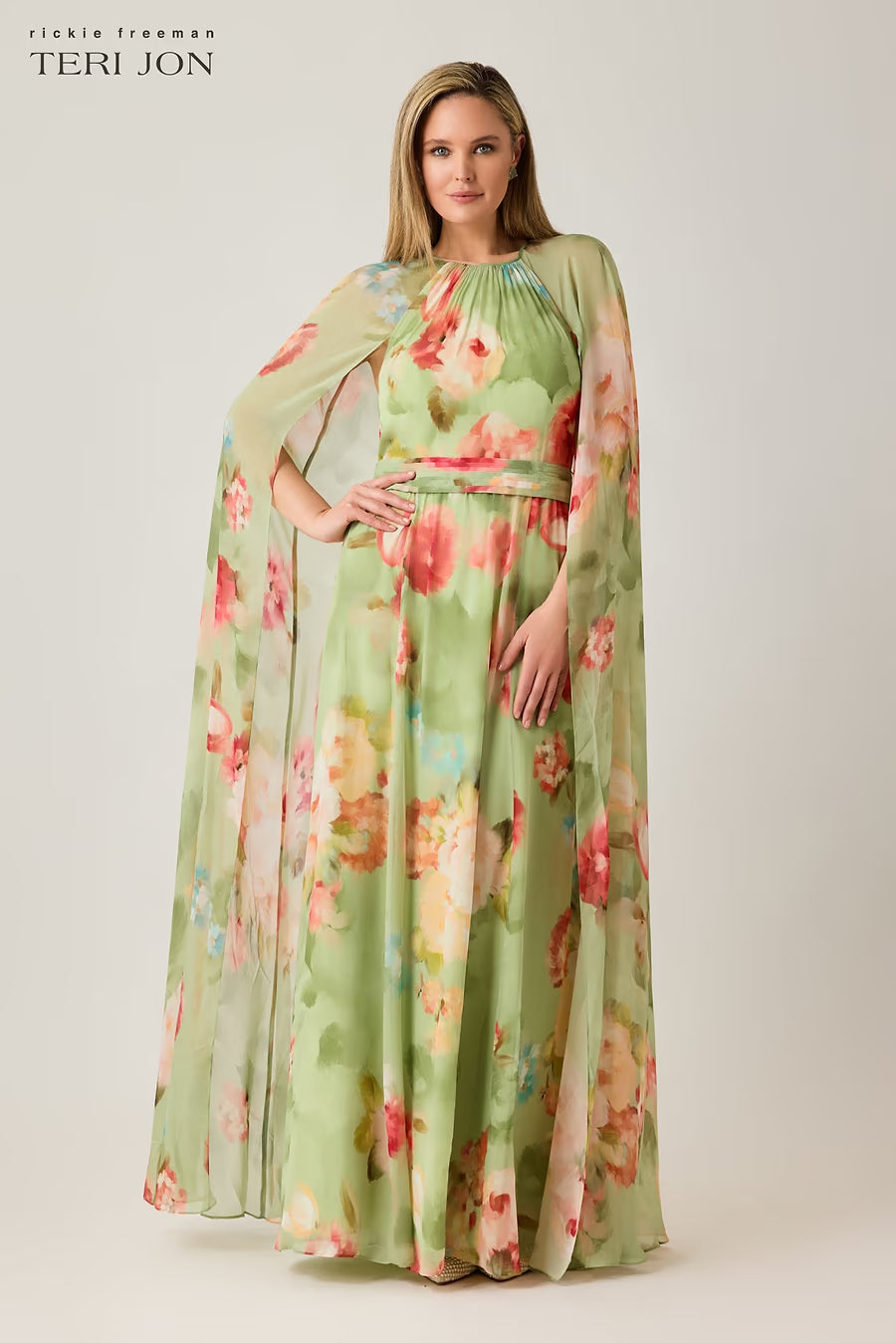 Chiffon Floral Cape Gown - Green Multi