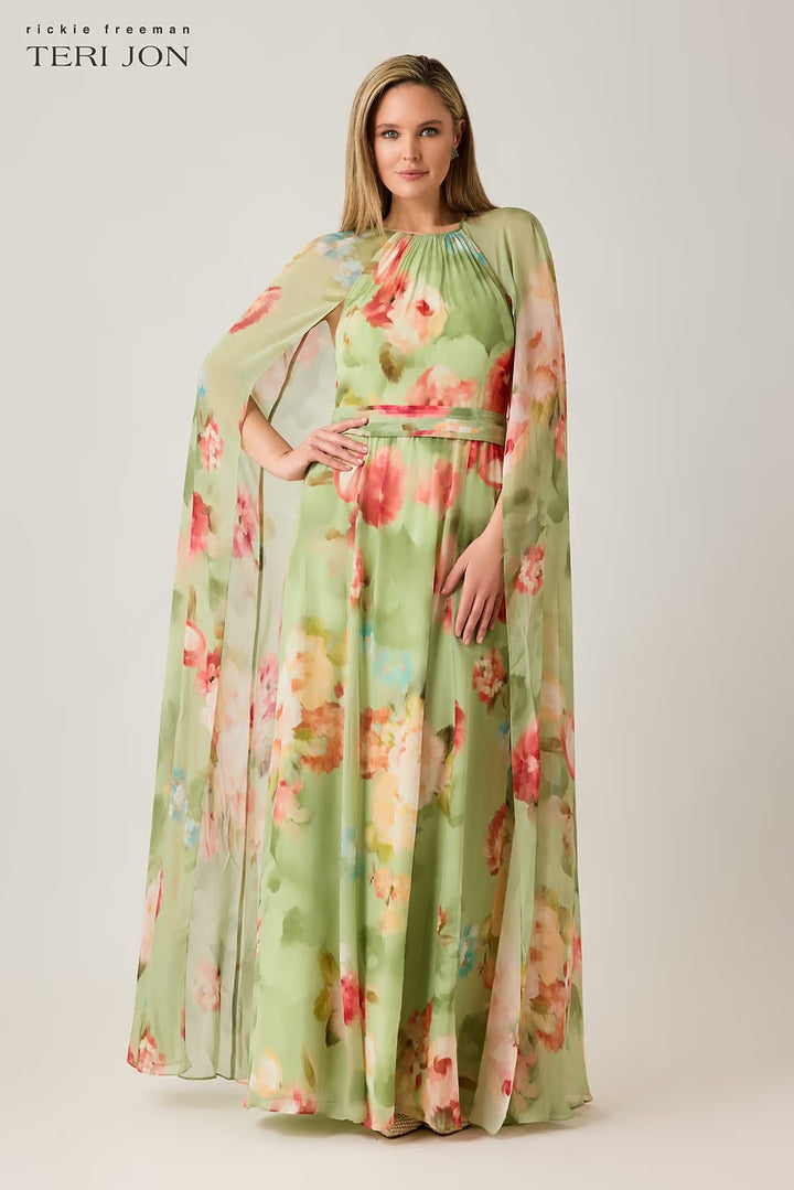 Chiffon Floral Cape Gown - Green Multi