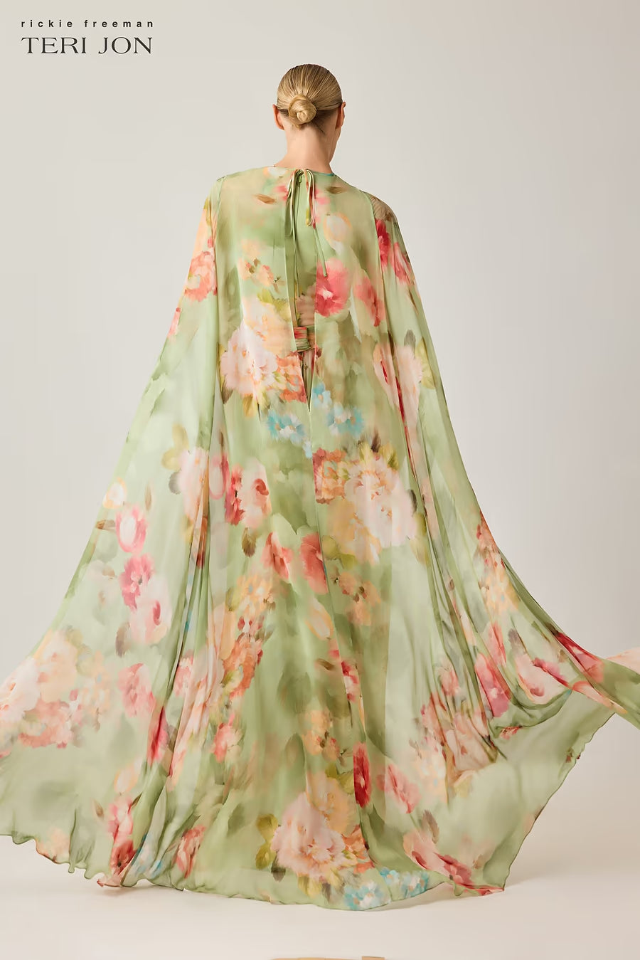 Chiffon Floral Cape Gown - Green Multi