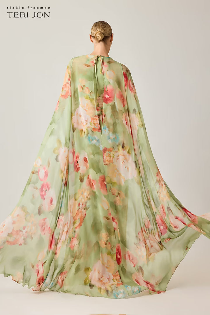 Chiffon Floral Cape Gown - Green Multi