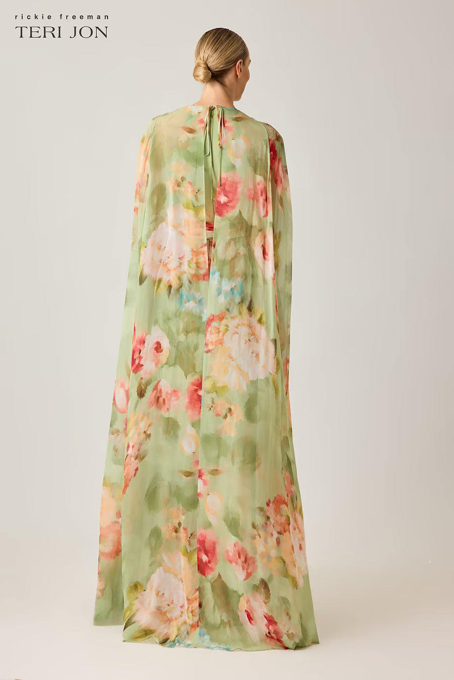 Chiffon Floral Cape Gown - Green Multi