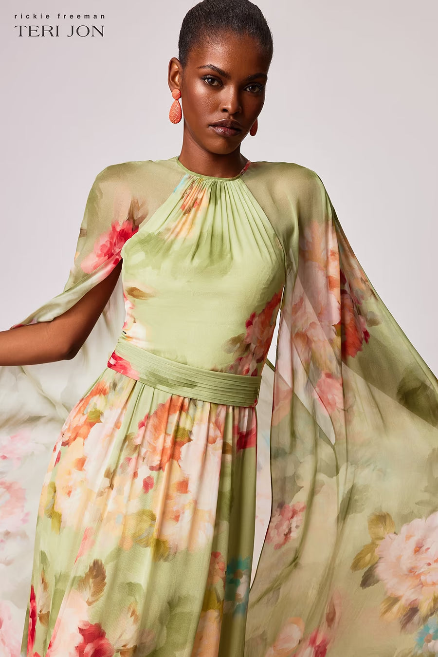Chiffon Floral Cape Gown