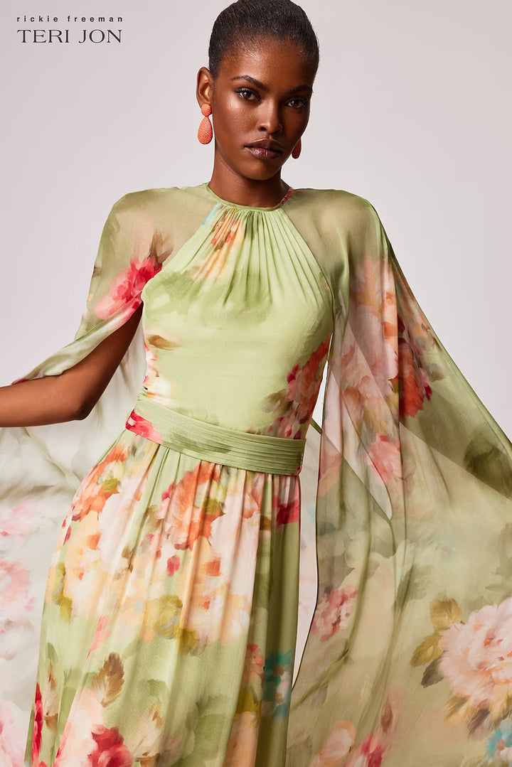 Chiffon Floral Cape Gown - Green Multi