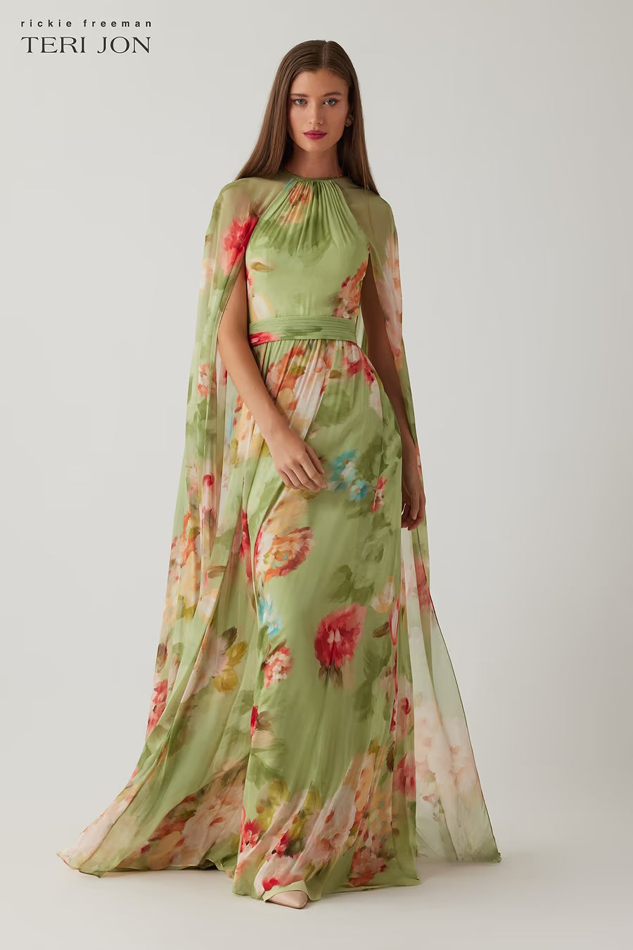 Chiffon Floral Cape Gown - Green Multi