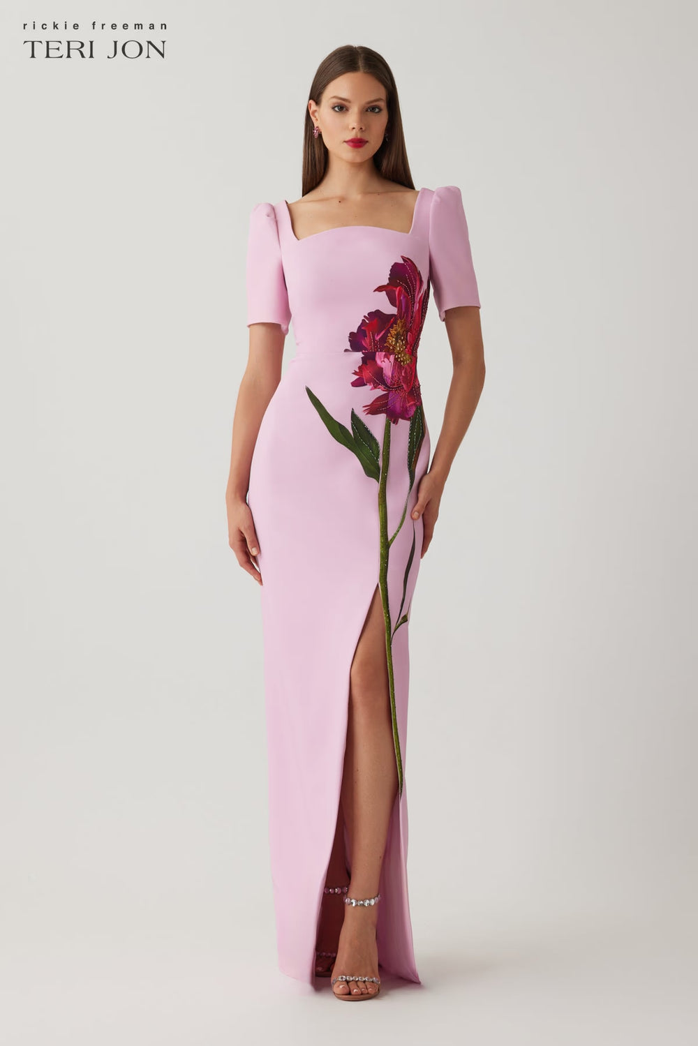 Teri Jon Digital Floral Crepe Column Gown - Blush Multi