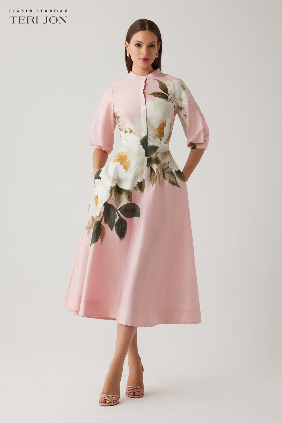 Cotton Flower Print Sleeve Full Skirt Dress - Pink Multi