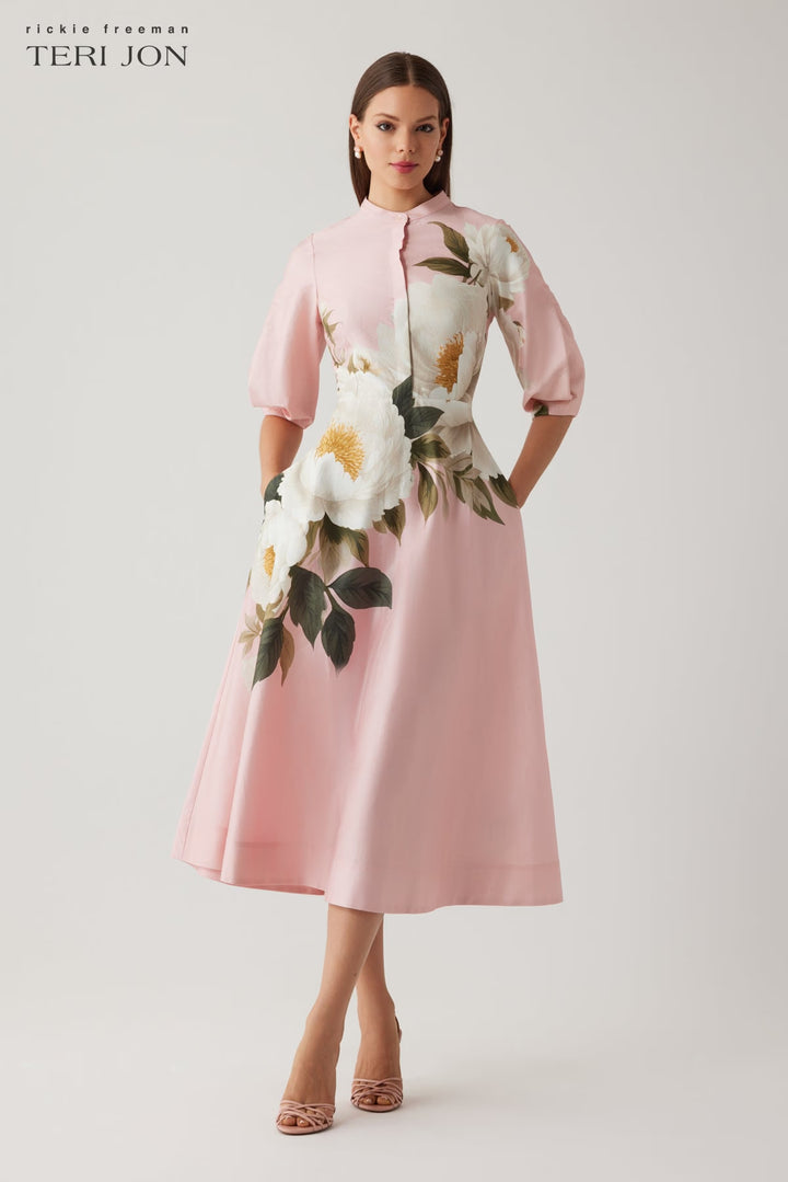 Cotton Flower Print Sleeve Full Skirt Dress - Pink Multi