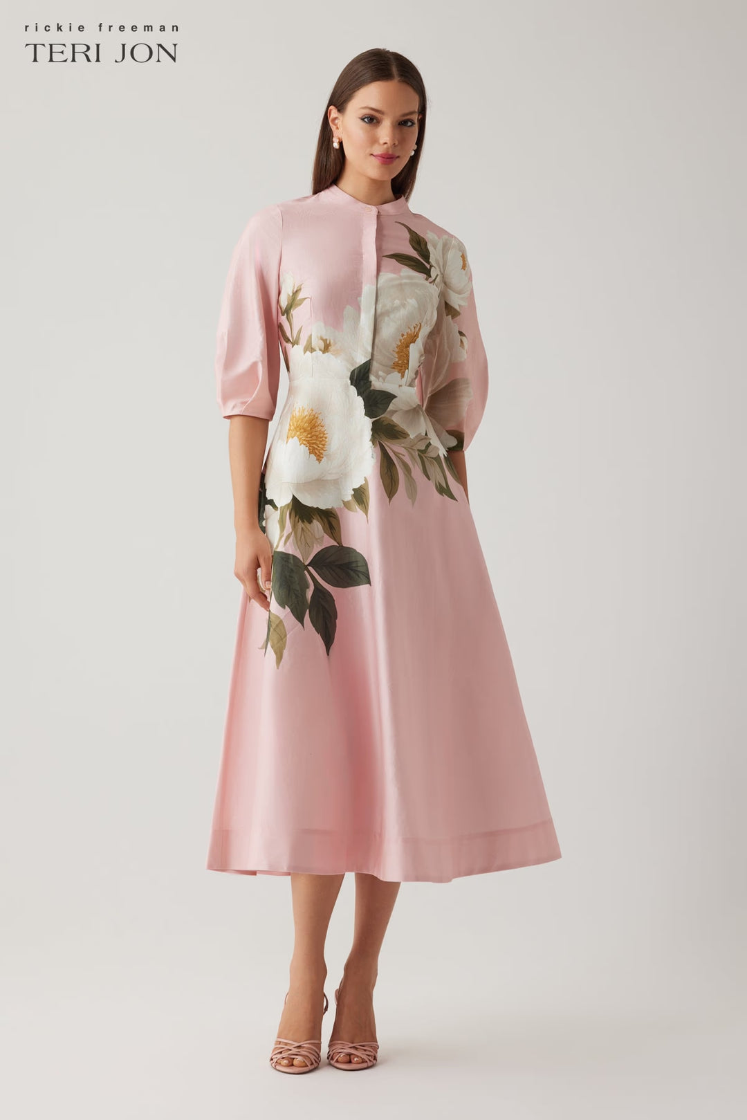 Cotton Flower Print Sleeve Full Skirt Dress - Pink Multi