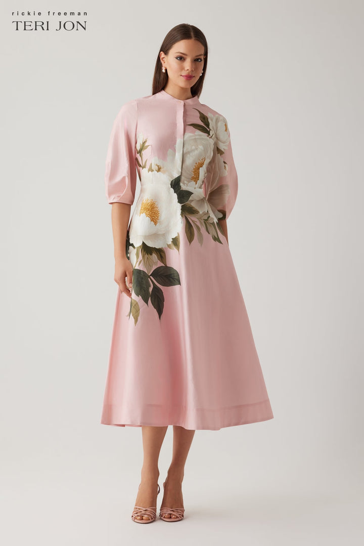 Cotton Flower Print Sleeve Full Skirt Dress - Pink Multi