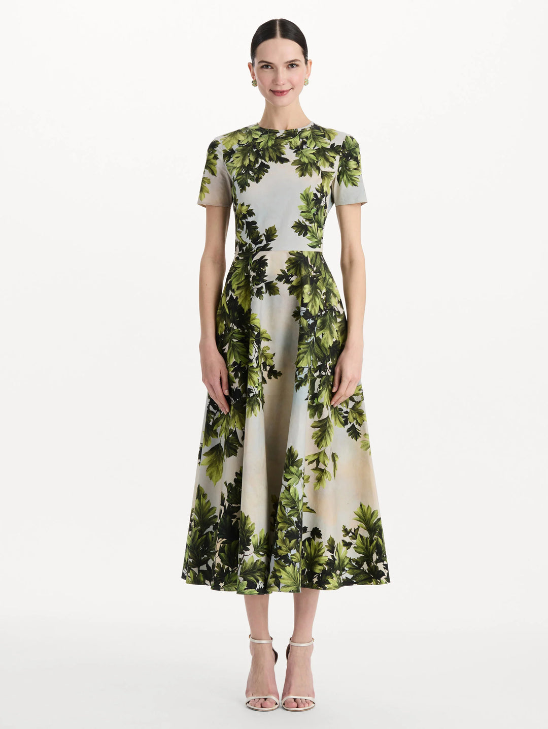 Maple Leaves Cotton Poplin Dress - Green Multi