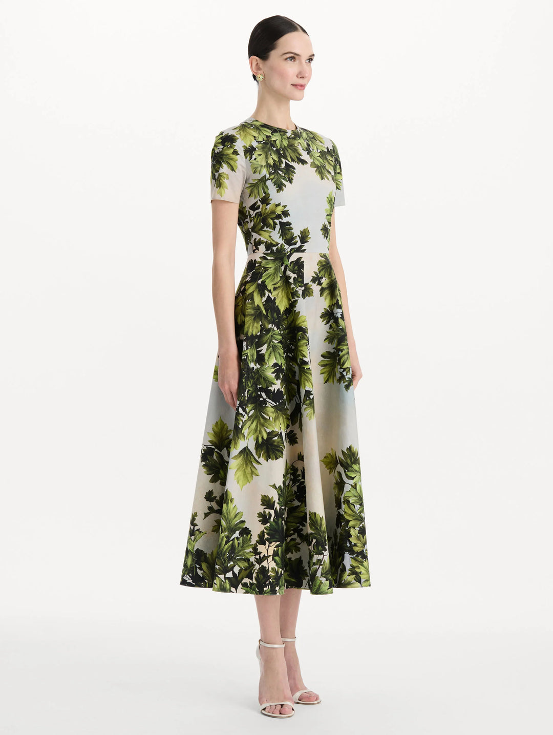 Maple Leaves Cotton Poplin Dress - Green Multi