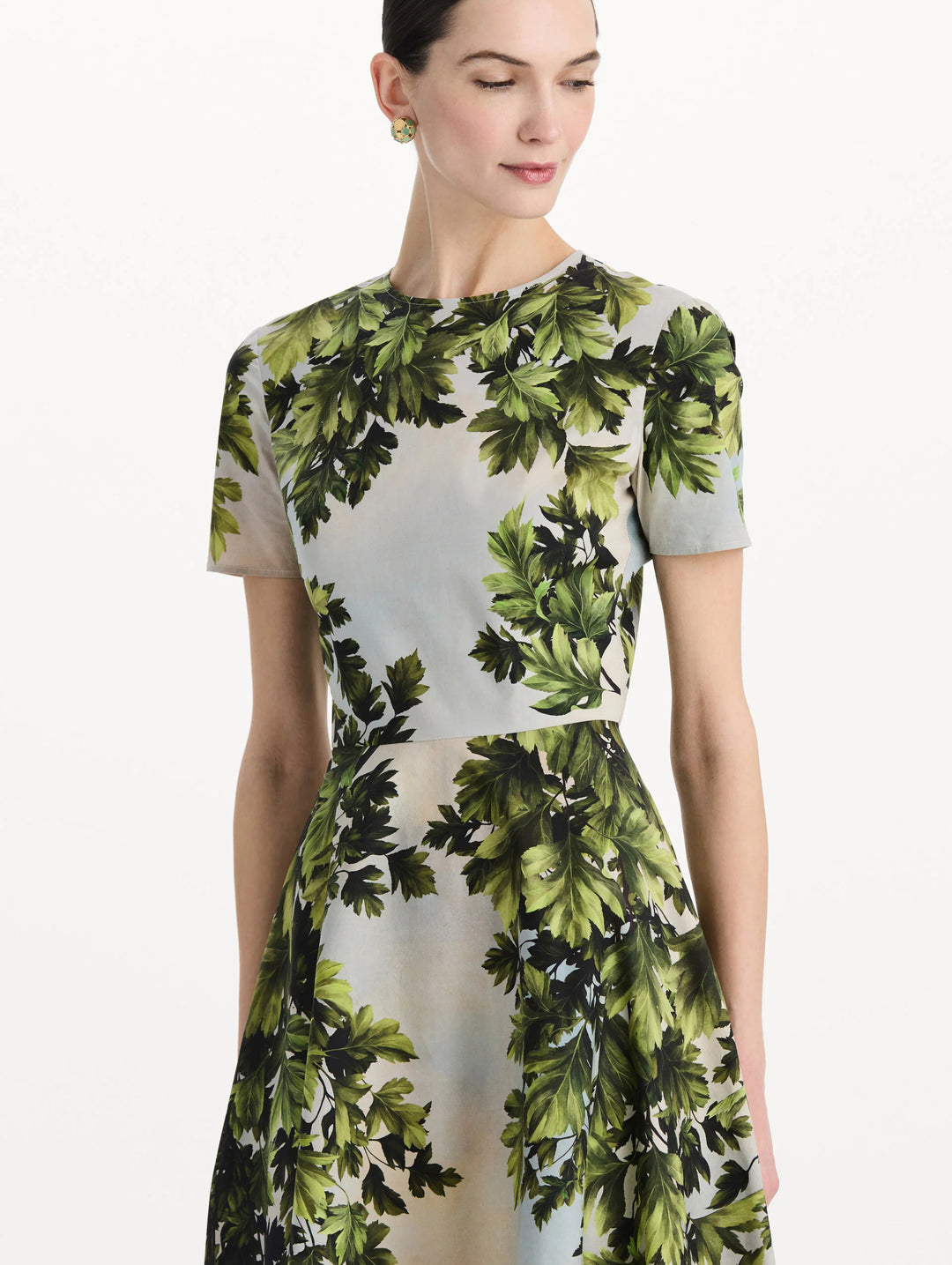 Maple Leaves Cotton Poplin Dress - Green Multi