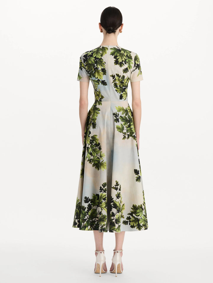 Maple Leaves Cotton Poplin Dress - Green Multi