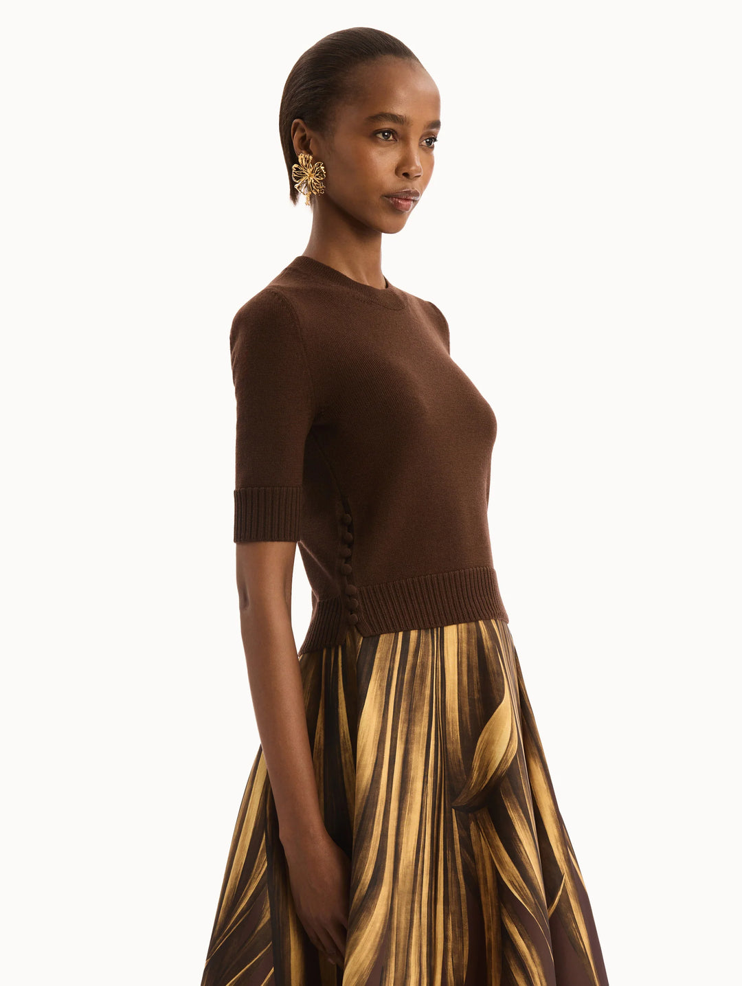 Button-Detail Pullover- Brown