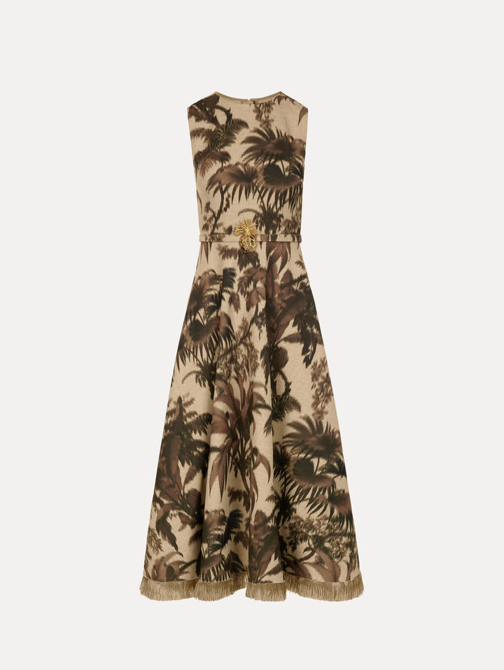 Chine Palm Leaves Midi Dress - Brown
