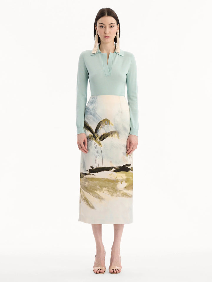 Palm Tree Pencil Skirt - Blue Multi